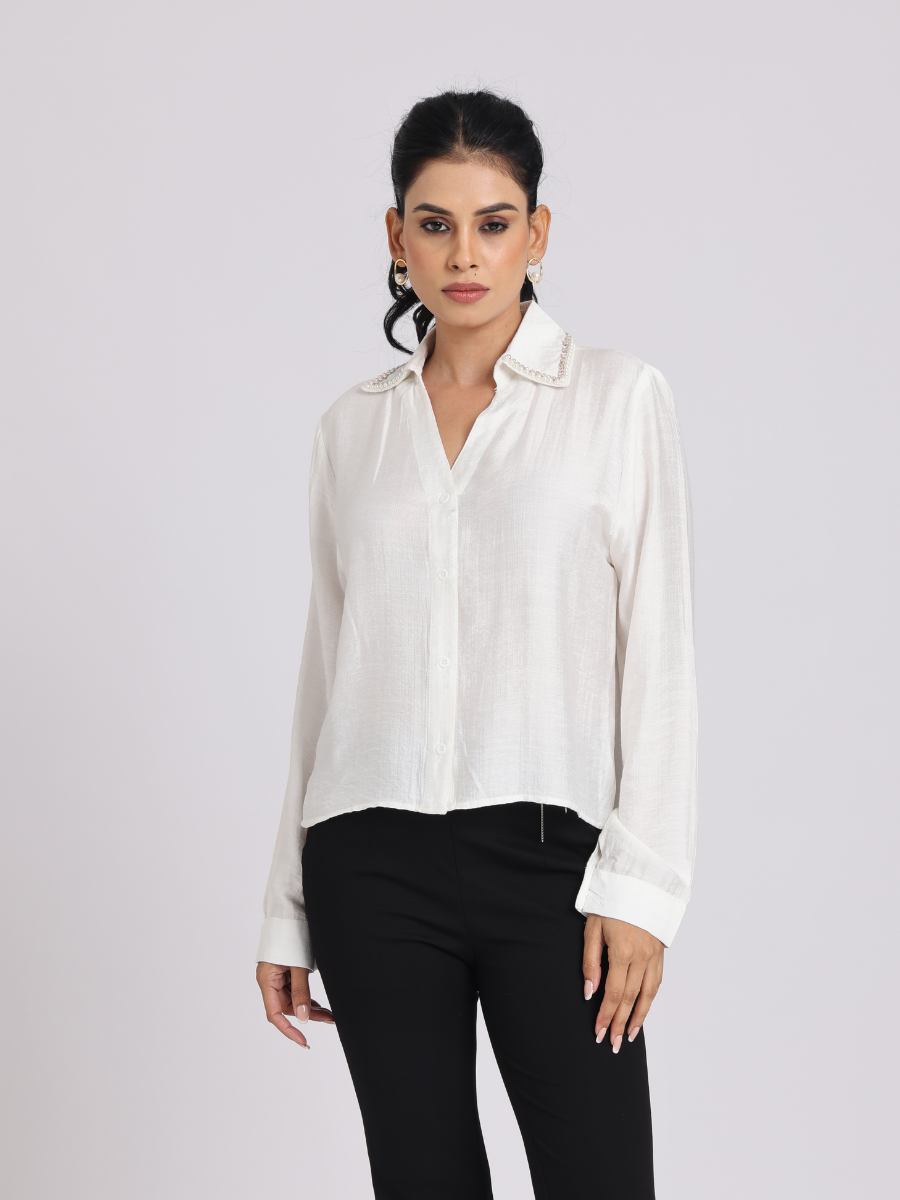 Pearl-Trim Luxe Satin Shirt - White