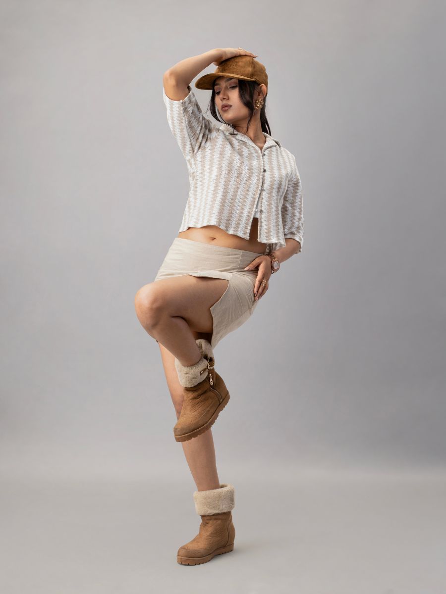 Beige Houndstooth Knit Crop Shirt