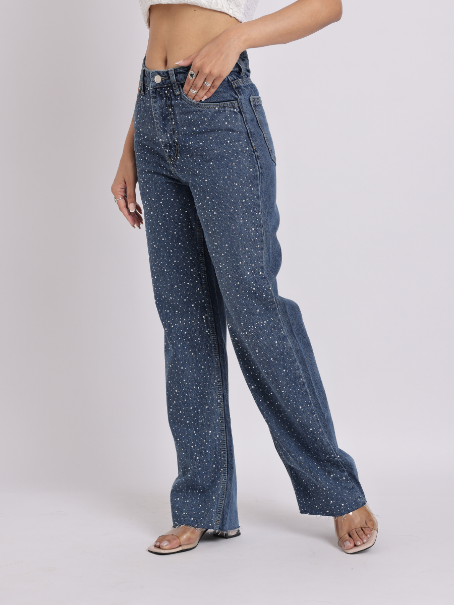Mid-Blue Rhinestone Studded Straight-Fit Denim Jeans
