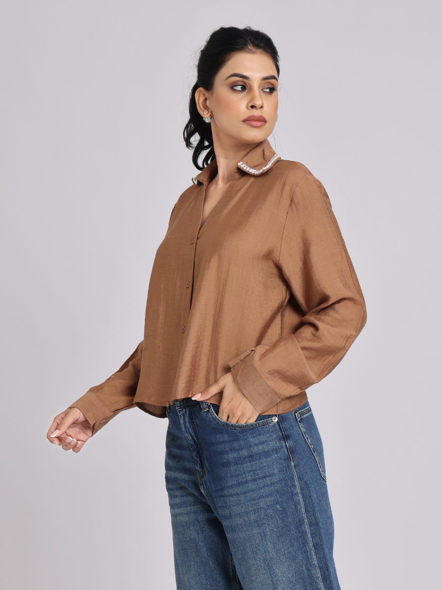 Elegant Rust Brown Pearl - Trim Shirt
