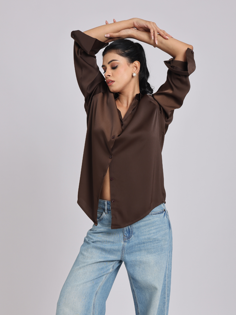 Rich Mocha Satin Long-Sleeve Shirt