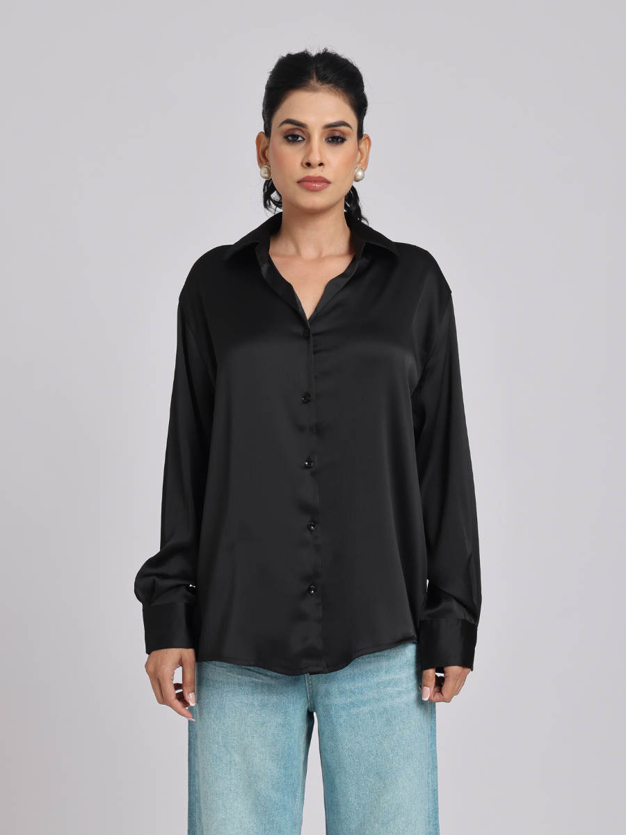 Premium Black Satin Long-Sleeve Shirt