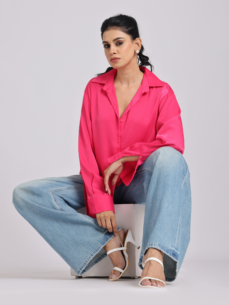 Pink Premium Flowy Satin Oversized Shirt