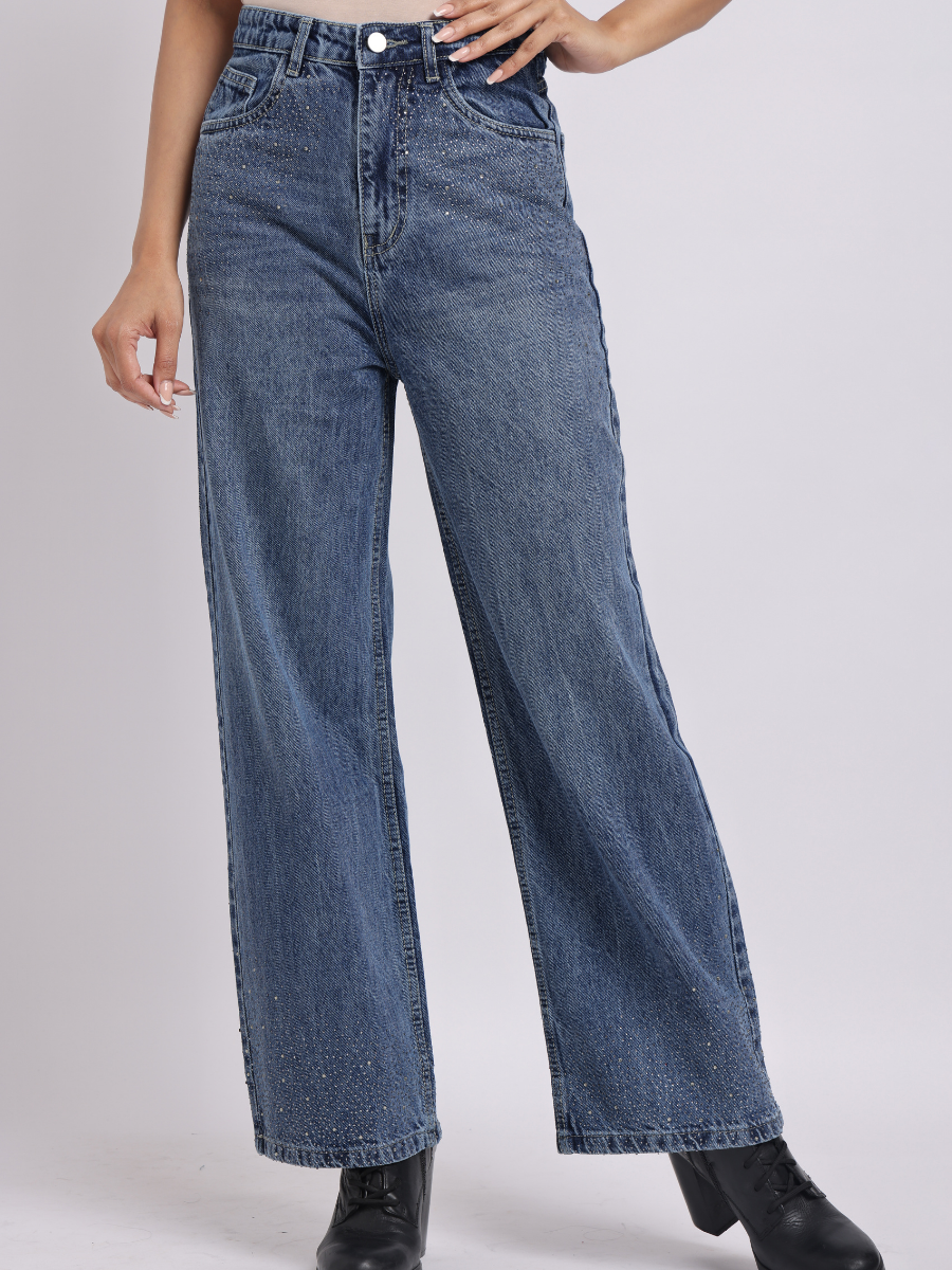 Mid-Blue Rhinestone Straight-Fit Jeans