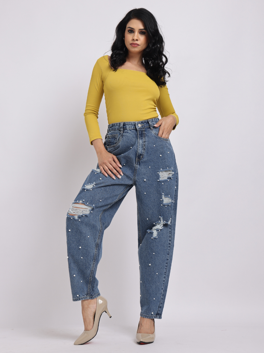Dark Blue Pearl Embellished Distressed Jeans