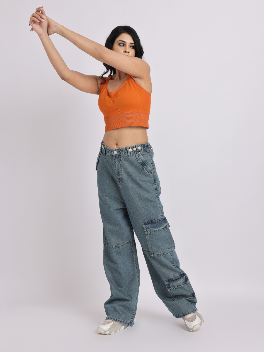 Wide-Leg Cargo Denim Jeans with Adjustable Waist