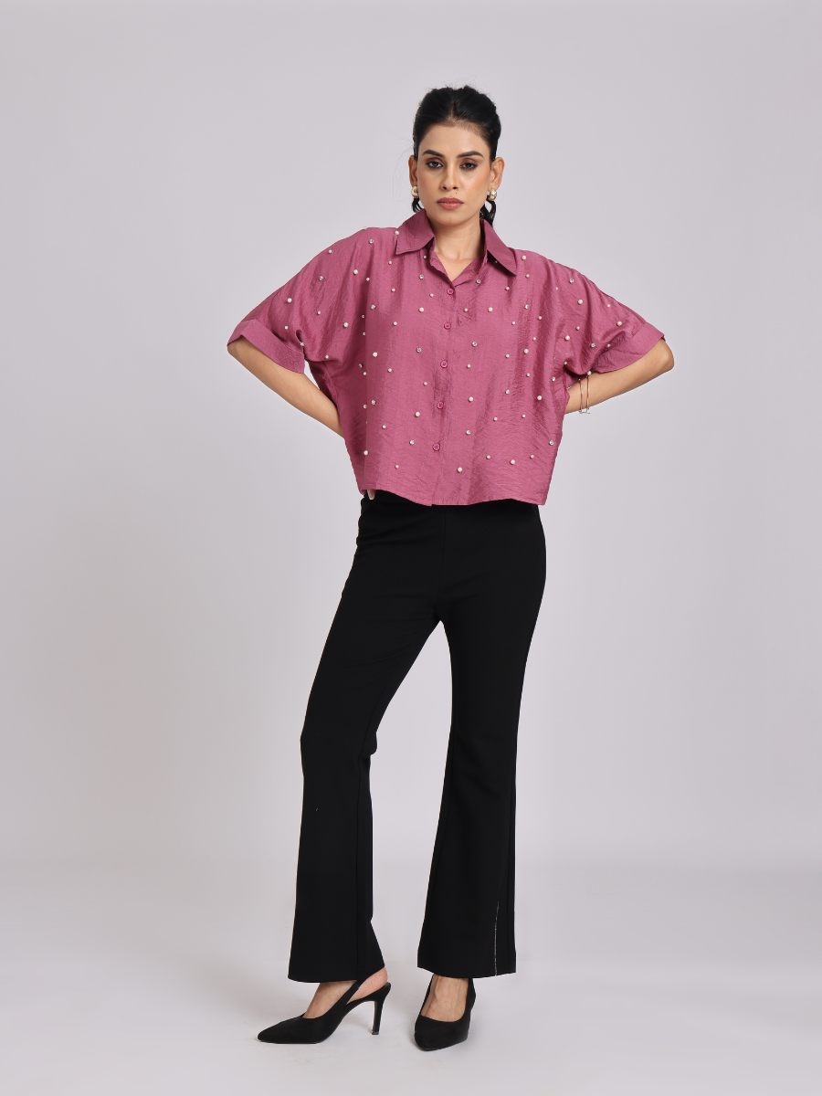Rosy Pink Pearl-Diamond Oversized Shirt