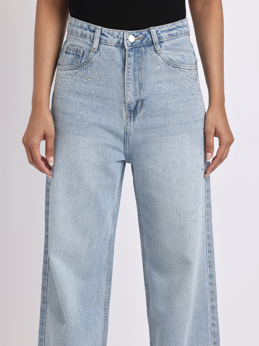 Light Blue Rhinestone-Embellished Wide-Leg Denim Jeans