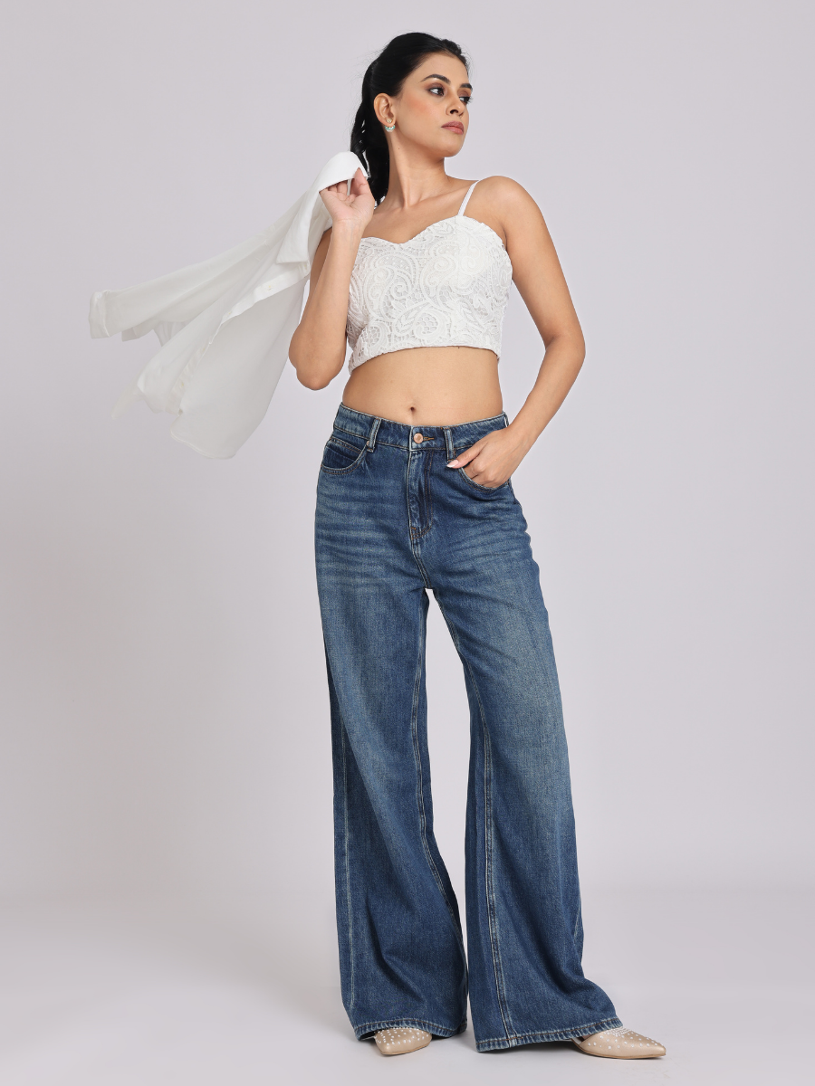 White Lace Crop Top with Sheer Shirt