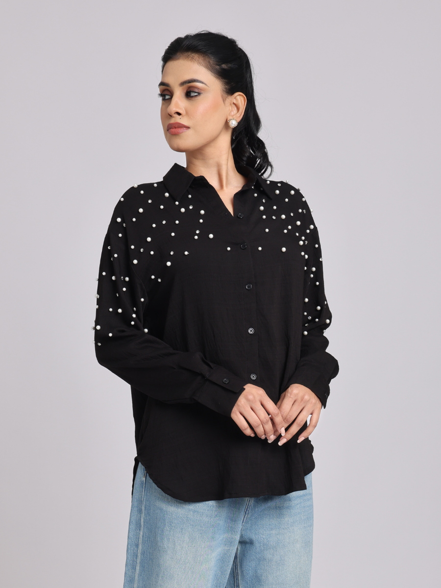 Black Boyfriend-Fit Pearl & Diamond-Embellished Shirt