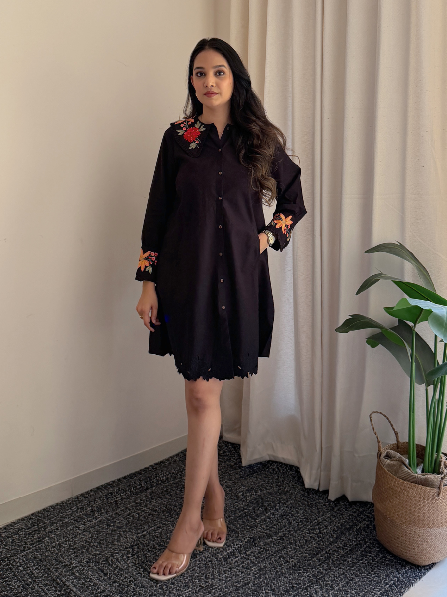 Embroidered Black Collar Dress