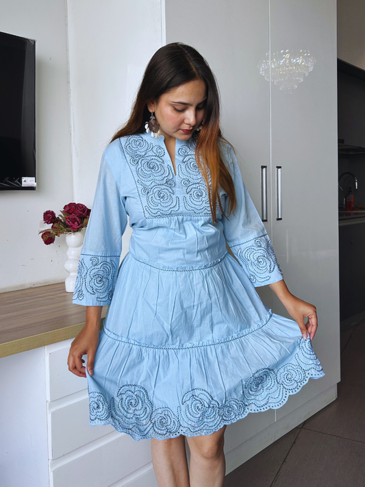 Sky Bloom Embroidered Cotton Dress