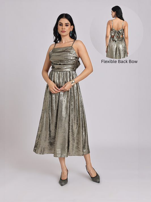 Metallic Gold Cowl-Neck Bow-Back Midi Dress