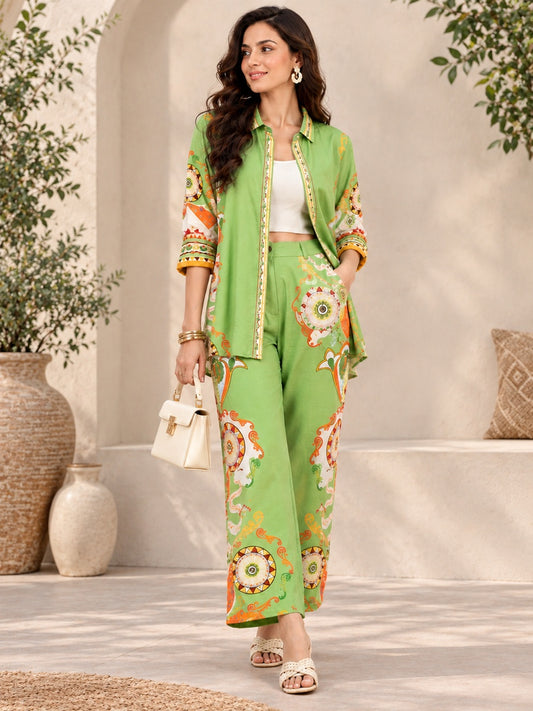Elegant Green Silk Co-Ord Set with Floral Print