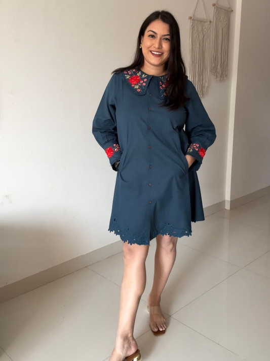 Embroidered Blue Collar Dress