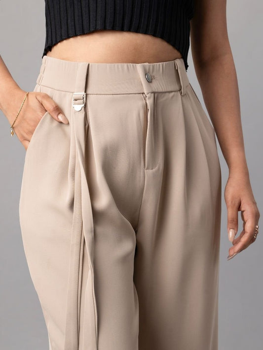 Stylish Beige Loose Fit Pleated Trousers for Women – Natica