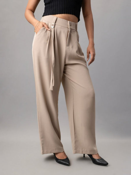 Buy Relaxed Loose Fit Beige Pleated Trousers Online in India