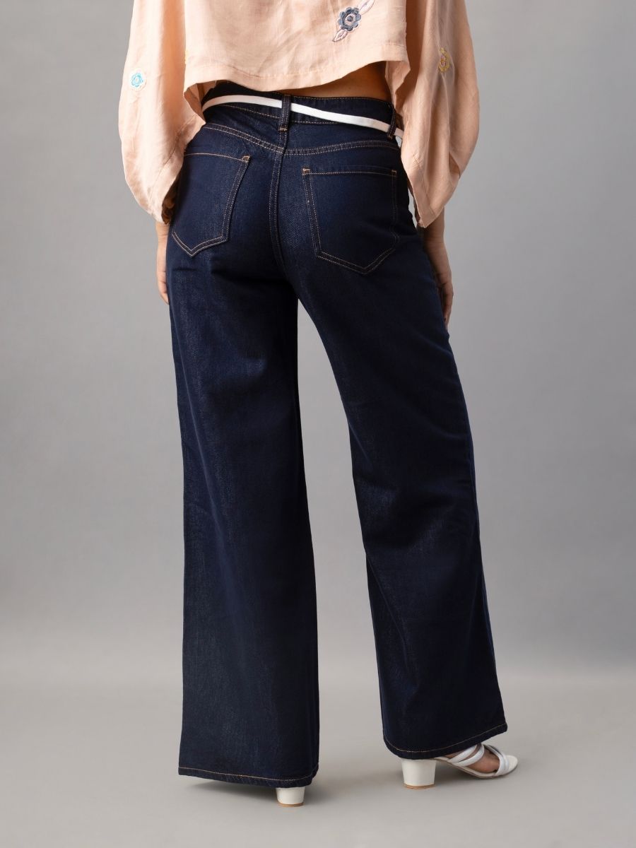 Navy Blue Wide Leg Denim Pants