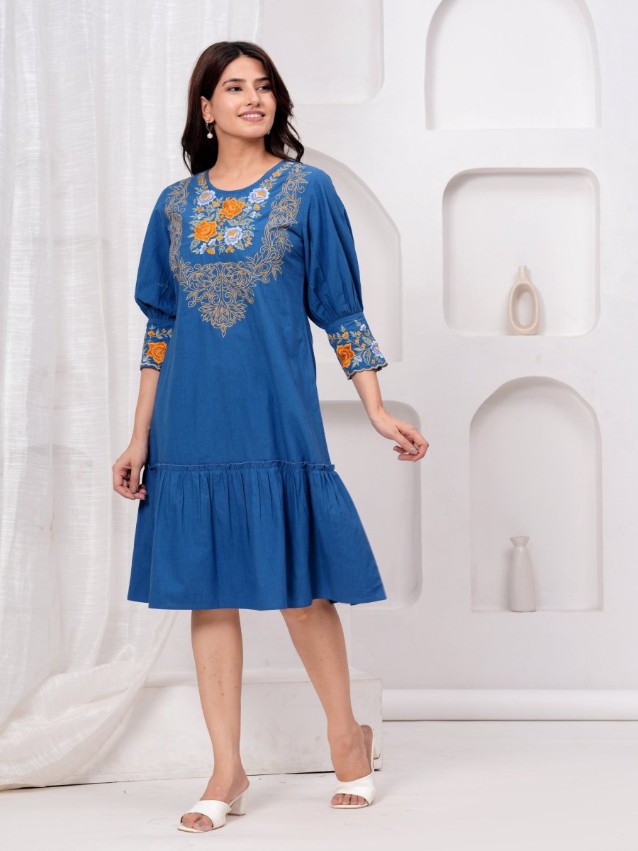 Natica blue embroidered cotton party dress – Buy Maxi Dresses for Women Online in India