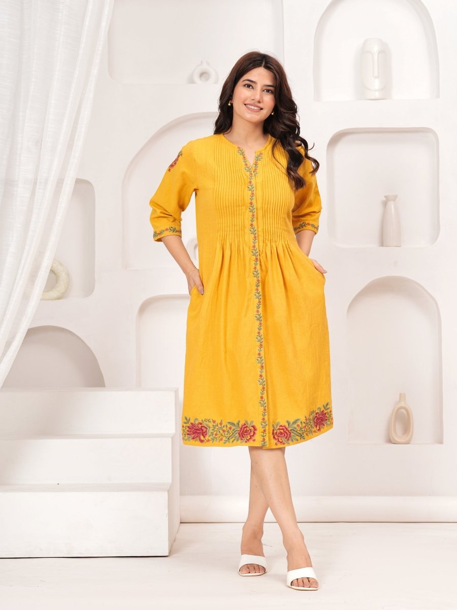 Yellow embroidered casual cotton dress – Cotton Dresses Online For Women at Natica