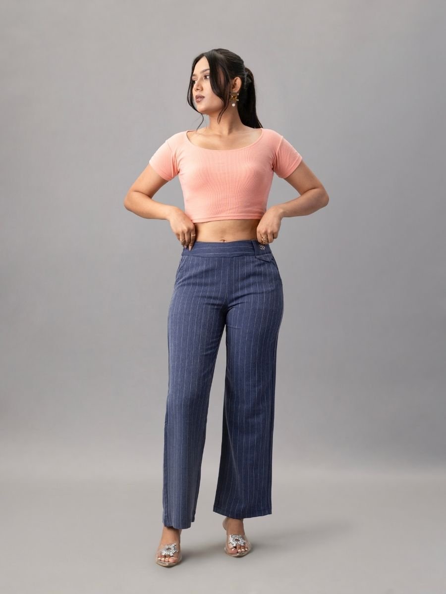 Navy Pinstripe High Waist Trouser