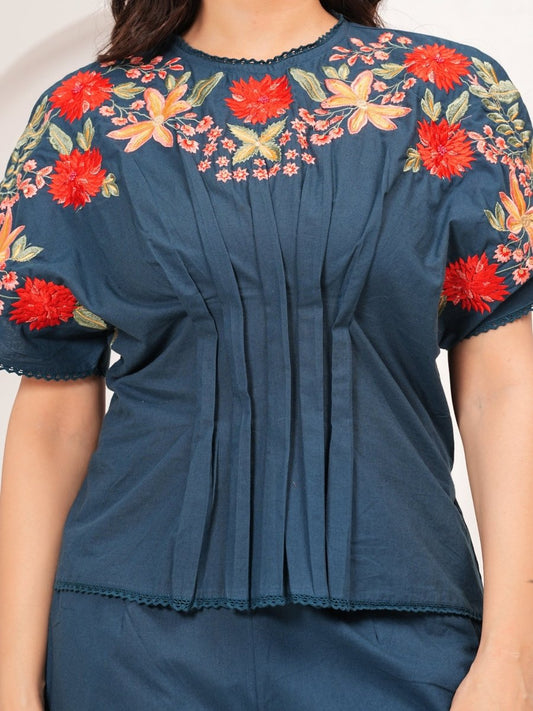 Embroidered Co-Ord Set for Women Online in India – Blue Cotton Design by Natica