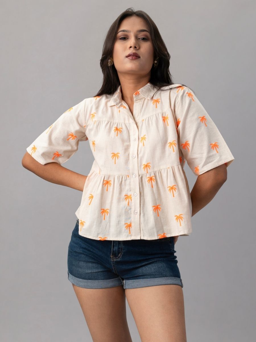 Palm Breeze Peplum Cotton Shirt - Orange