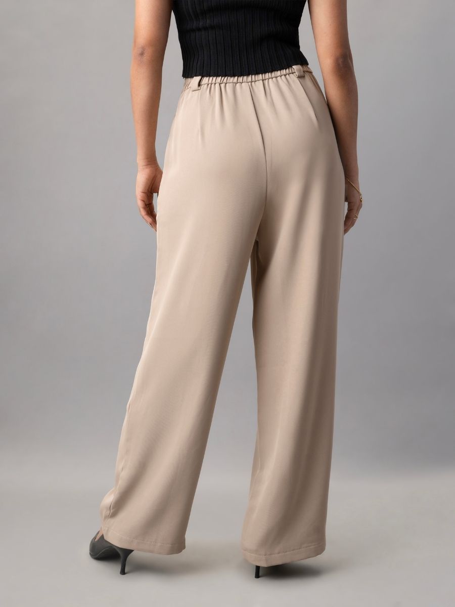 Beige Loose Fit High-Rise Pleated Formal Trousers for Women