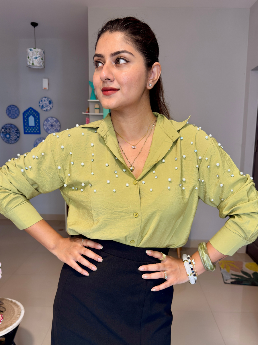 Olive Green Fit Pearl & Diamond-Embellished Shirt