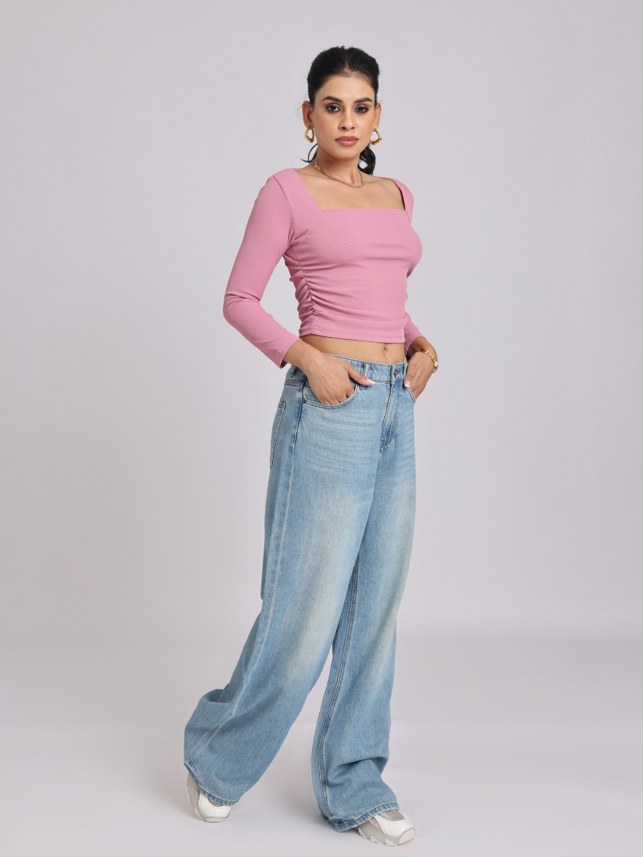 Pink Side Elastic Ruched Crop Top