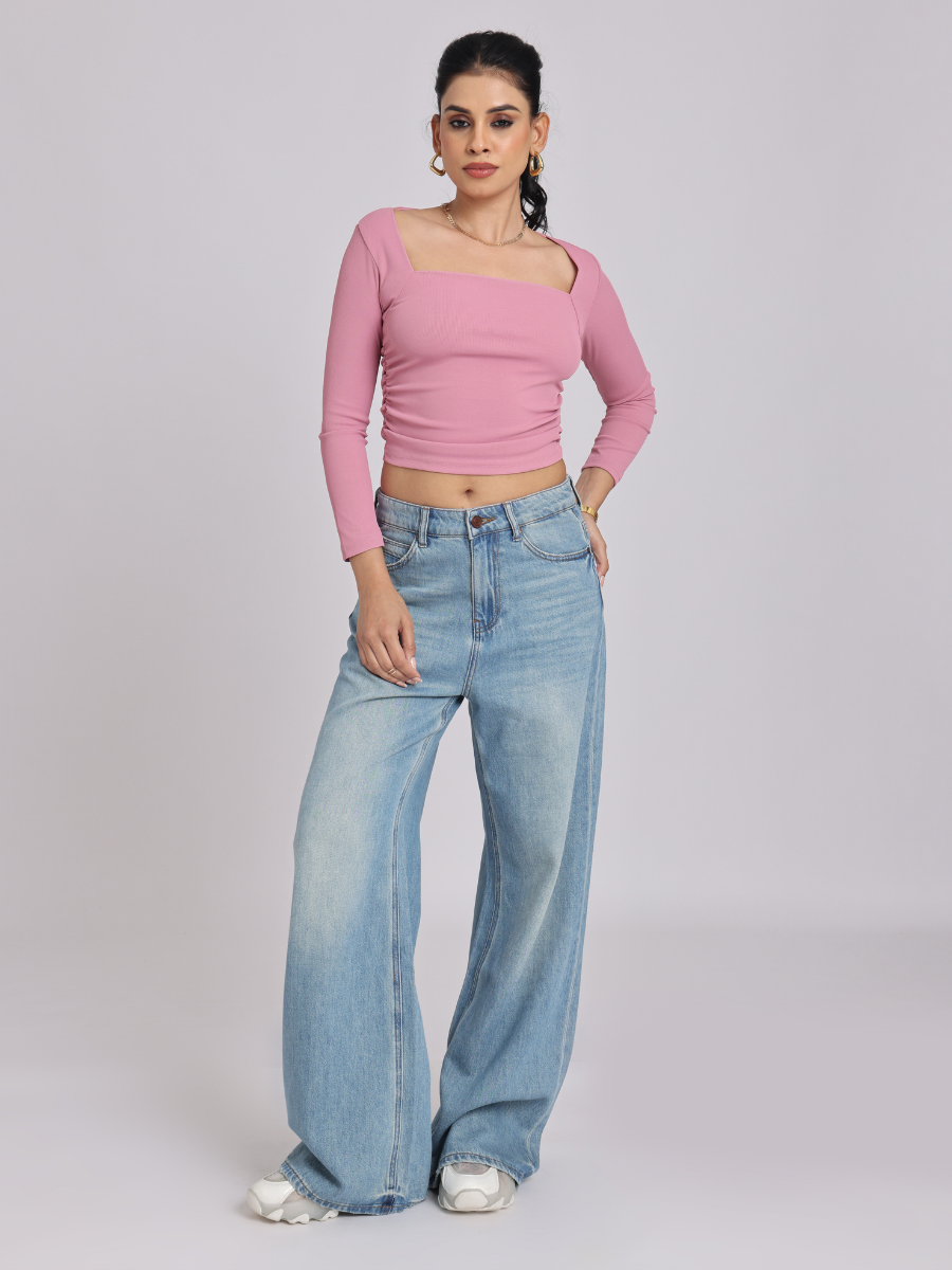 Pink Side Elastic Ruched Crop Top