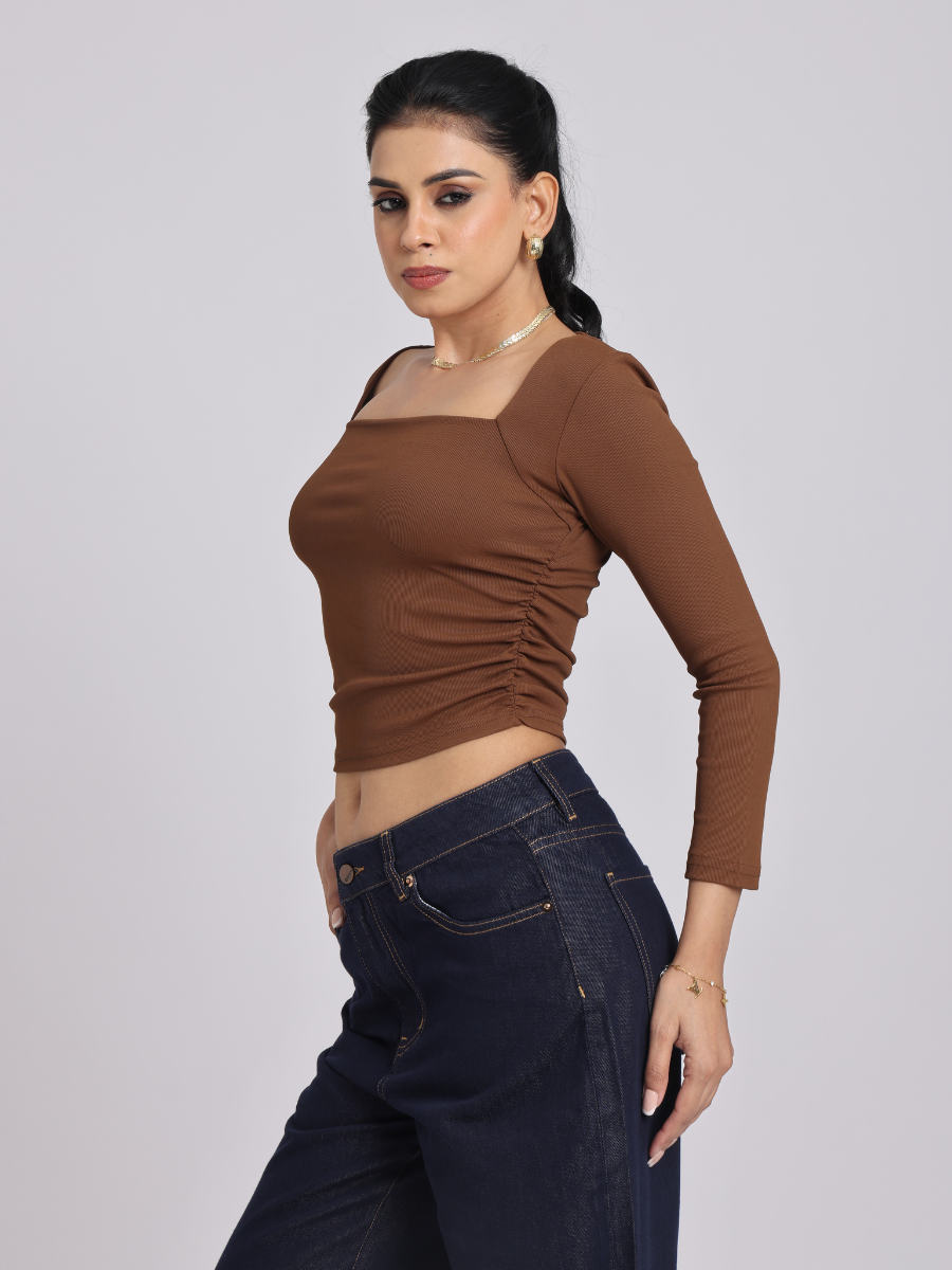 Brown Side Elastic Ruched Crop Top