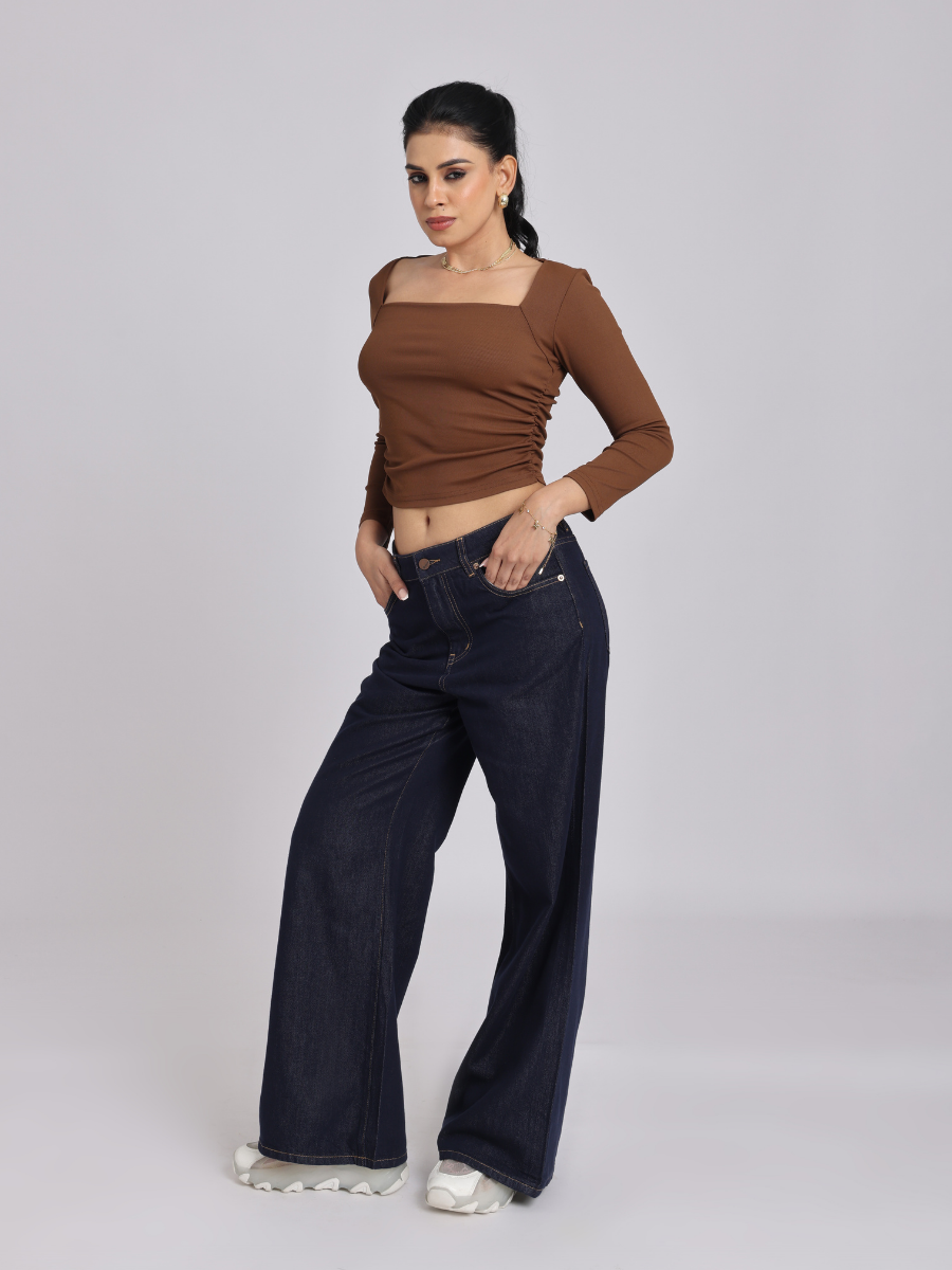 Brown Side Elastic Ruched Crop Top