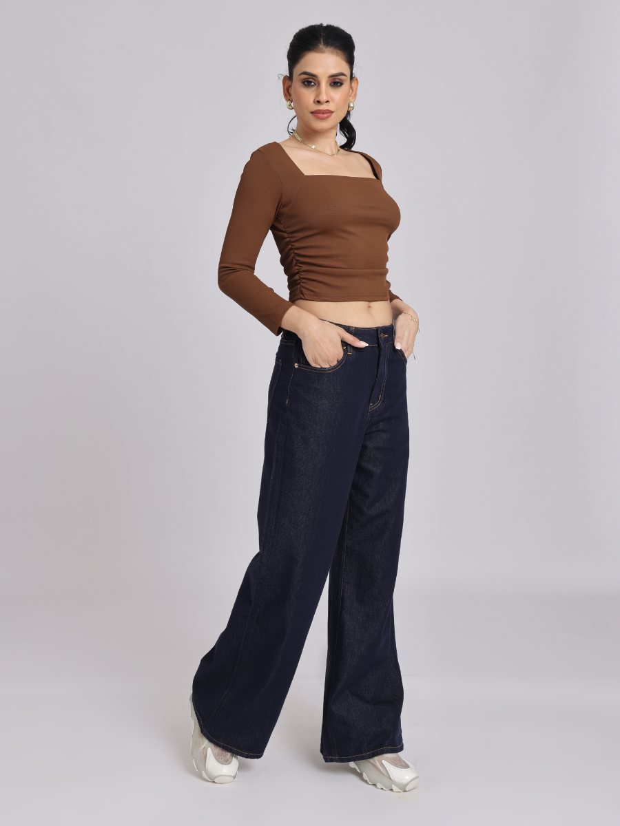Brown Side Elastic Ruched Crop Top