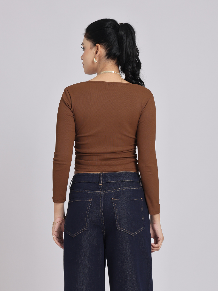 Brown Side Elastic Ruched Crop Top