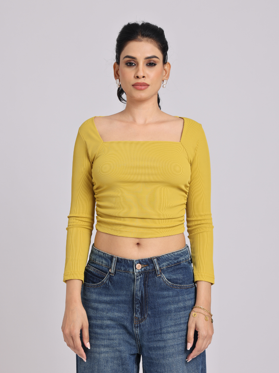 Mustard Yellow Side Elastic Ruched Crop Top