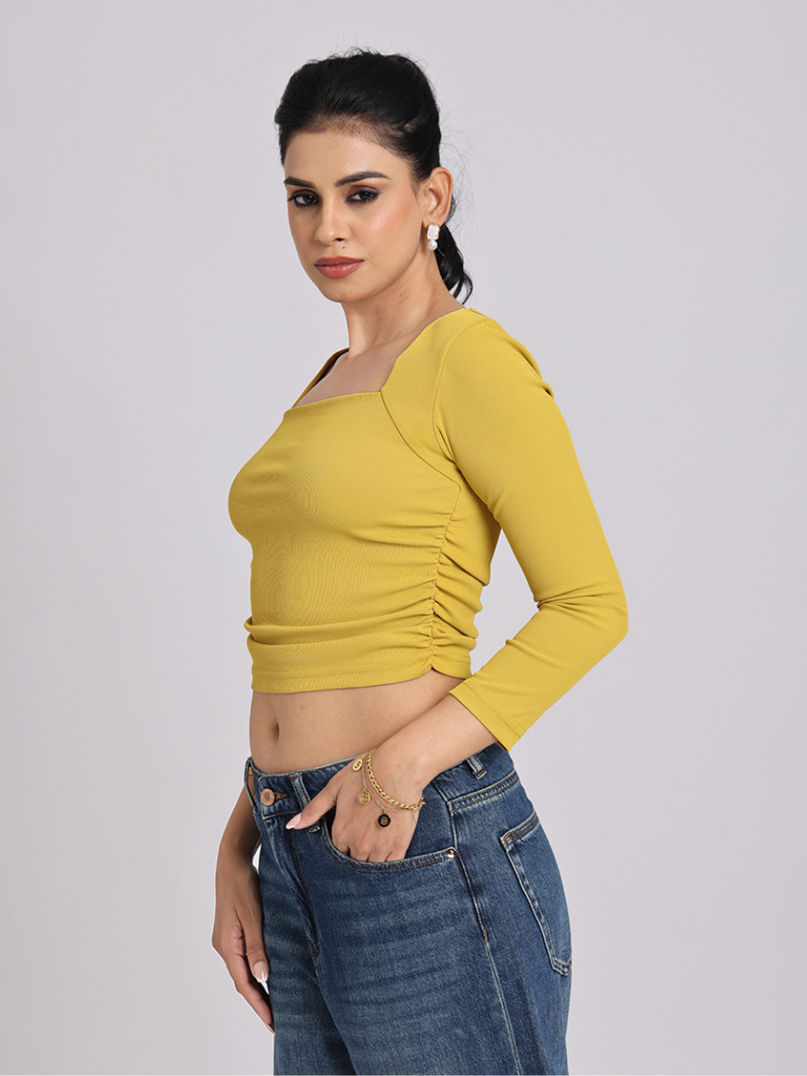 Mustard Yellow Side Elastic Ruched Crop Top