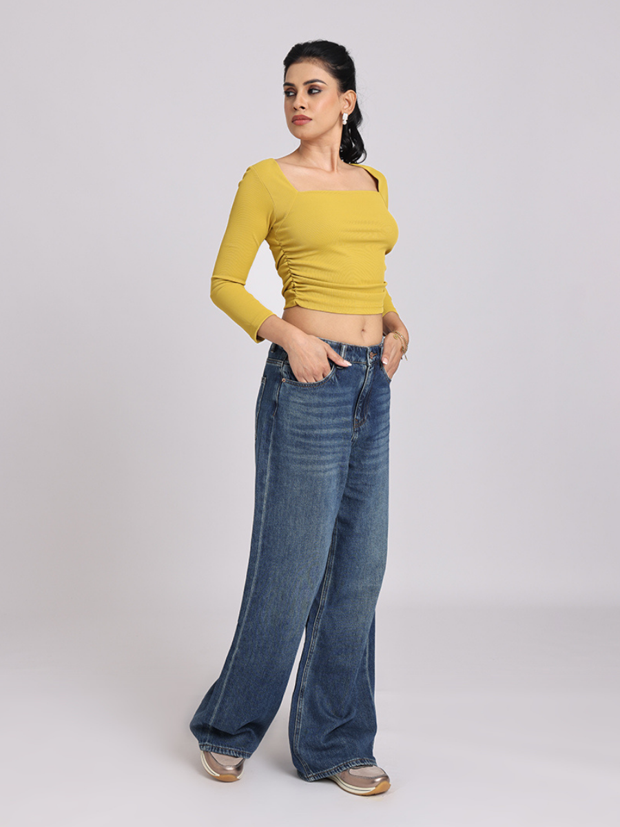 Mustard Yellow Side Elastic Ruched Crop Top
