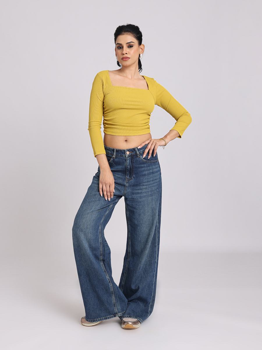 Mustard Yellow Side Elastic Ruched Crop Top