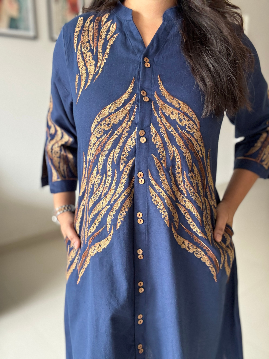 Midnight Fern Embroidered Shirt Dress