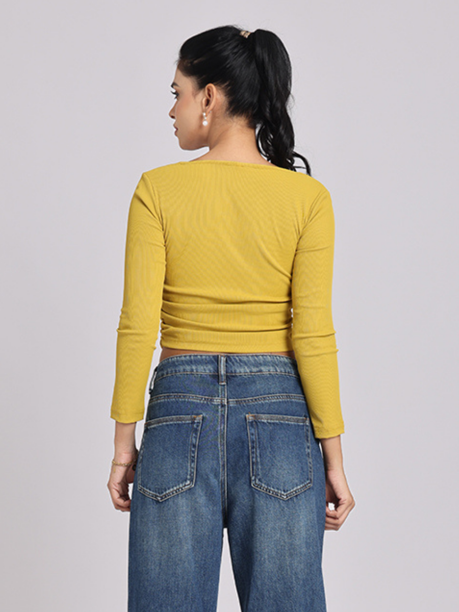 Mustard Yellow Side Elastic Ruched Crop Top
