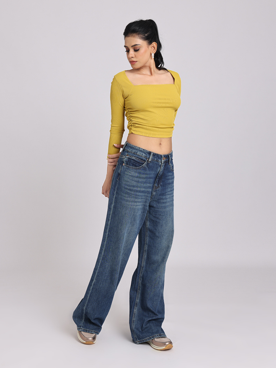 Mustard Yellow Side Elastic Ruched Crop Top