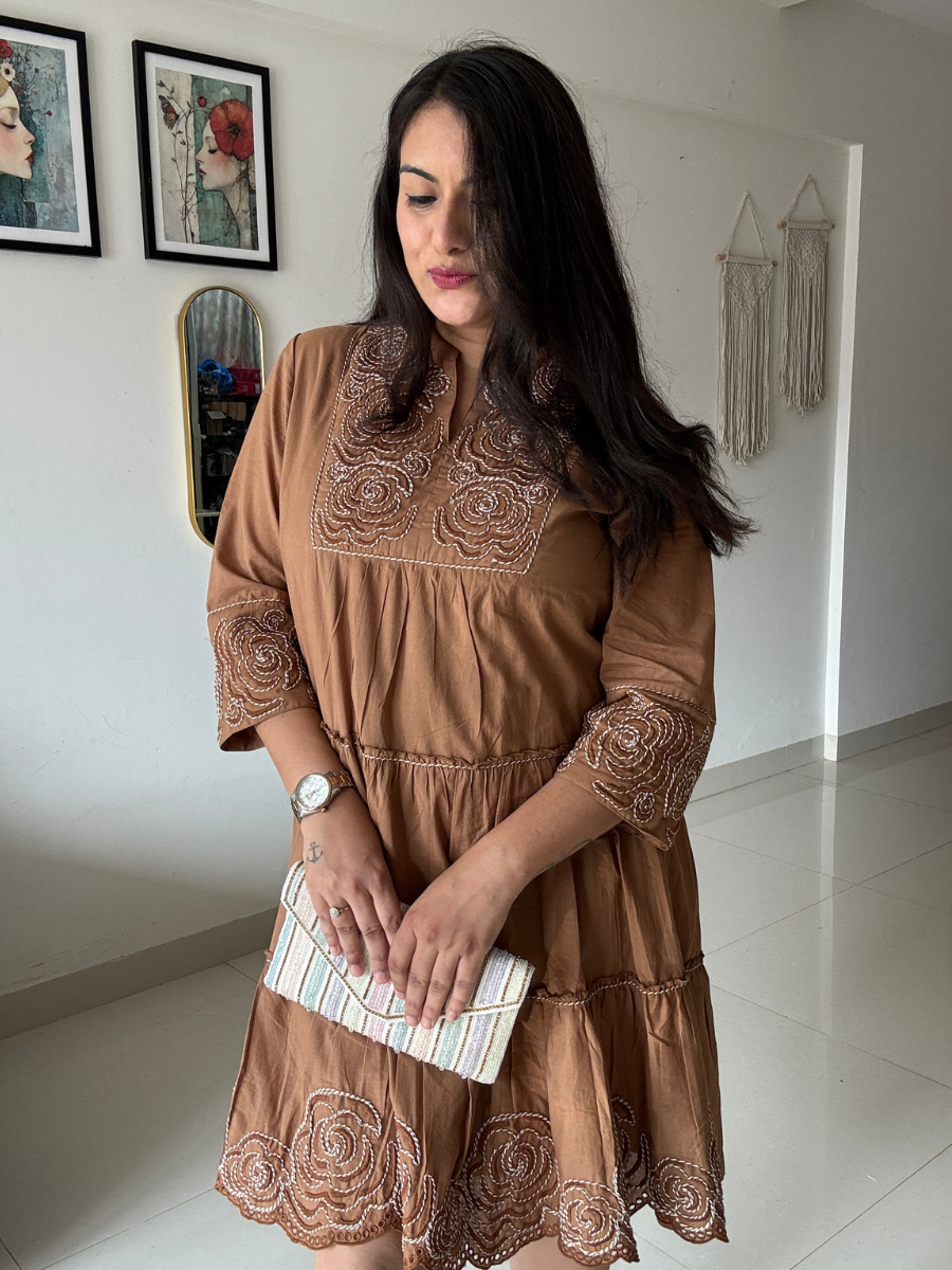 Mocha Rose Embroidered Cotton Dress