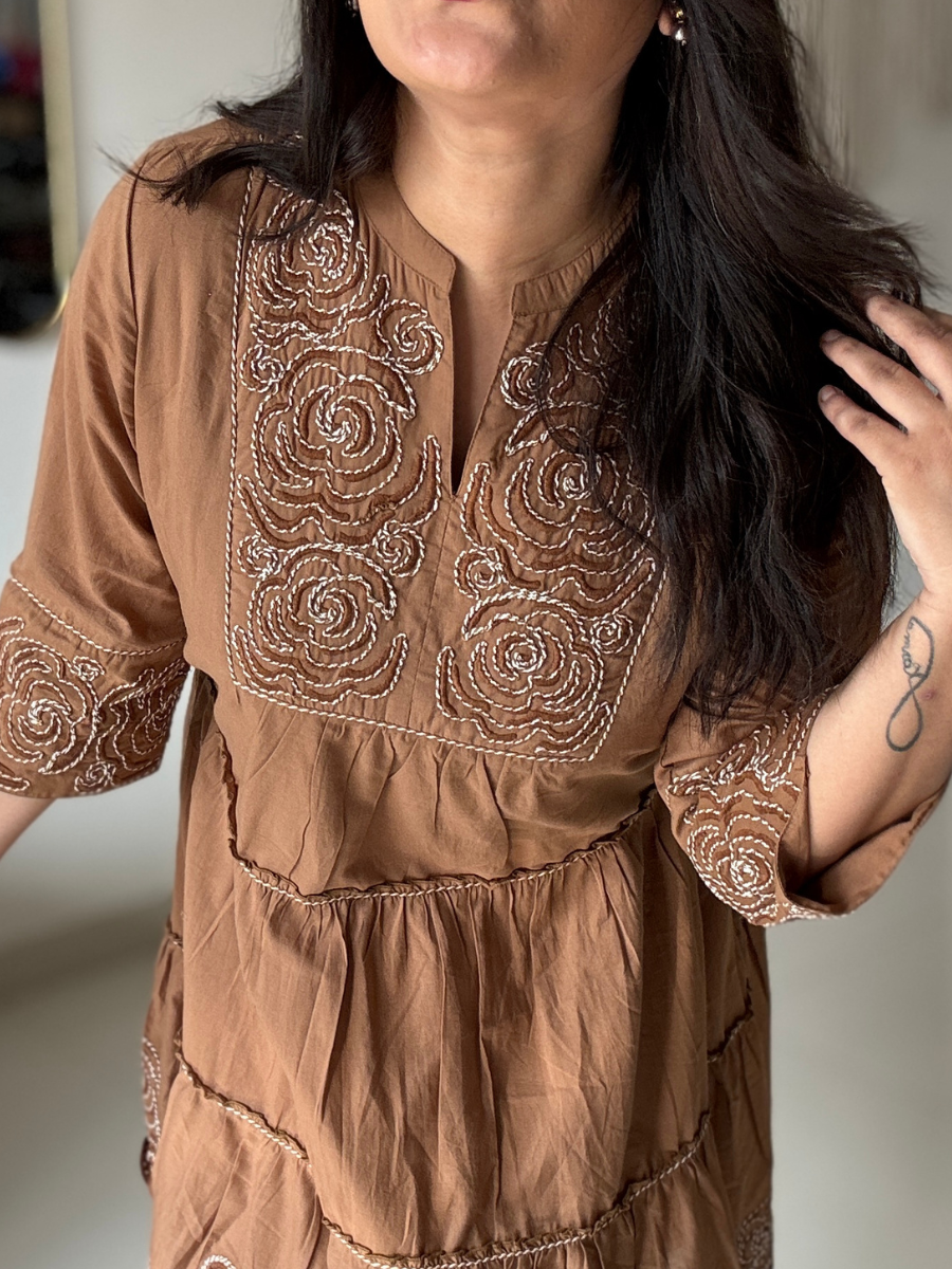 Mocha Rose Embroidered Cotton Dress
