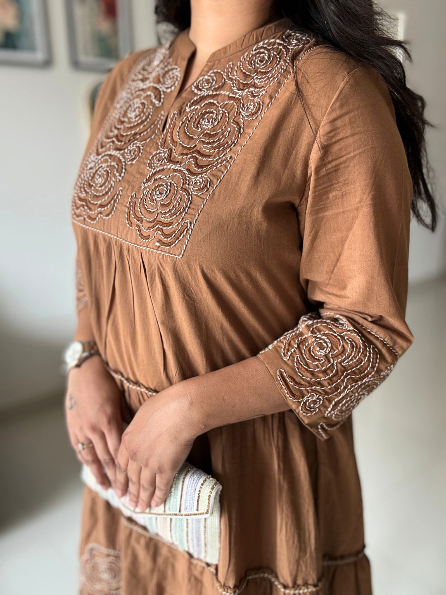 Mocha Rose Embroidered Cotton Dress