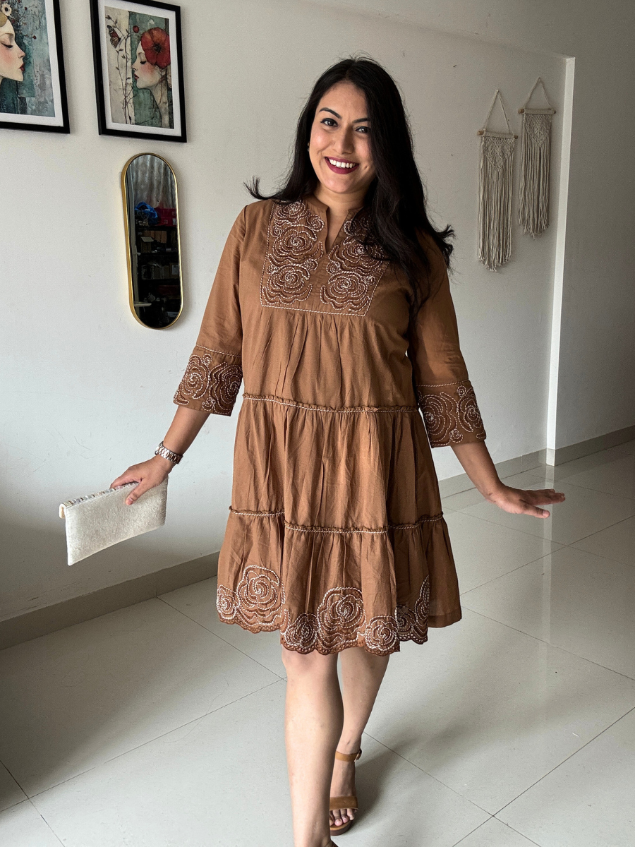 Mocha Rose Embroidered Cotton Dress