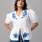 White Puff Sleeve Top with Blue Floral Embroidery
