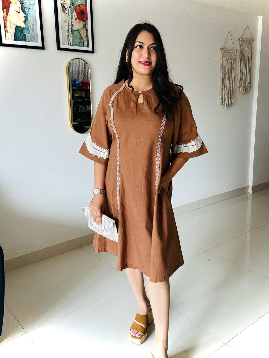 Mocha Brown Embroidered Flared Dress