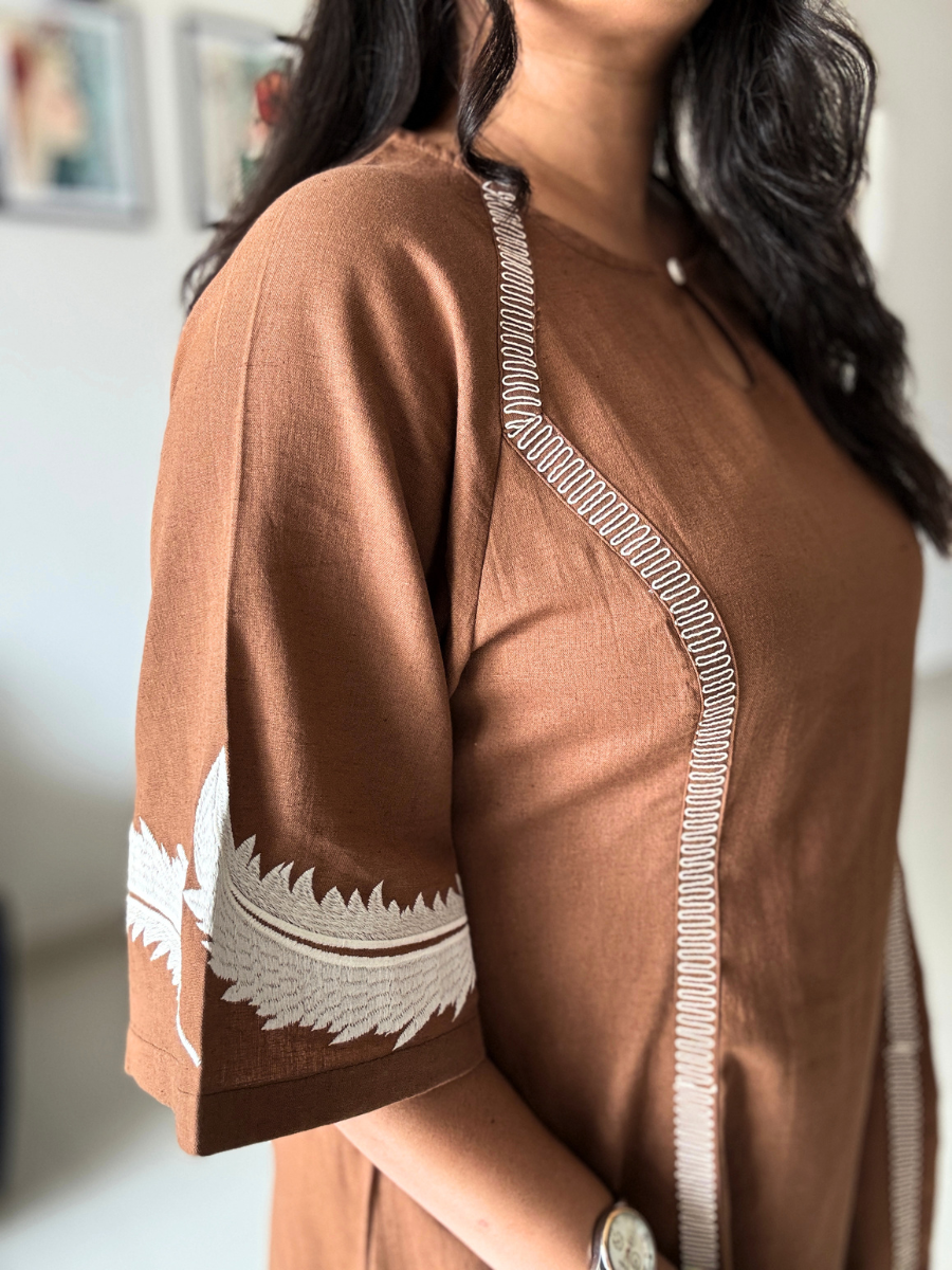 Mocha Brown Embroidered Flared Dress