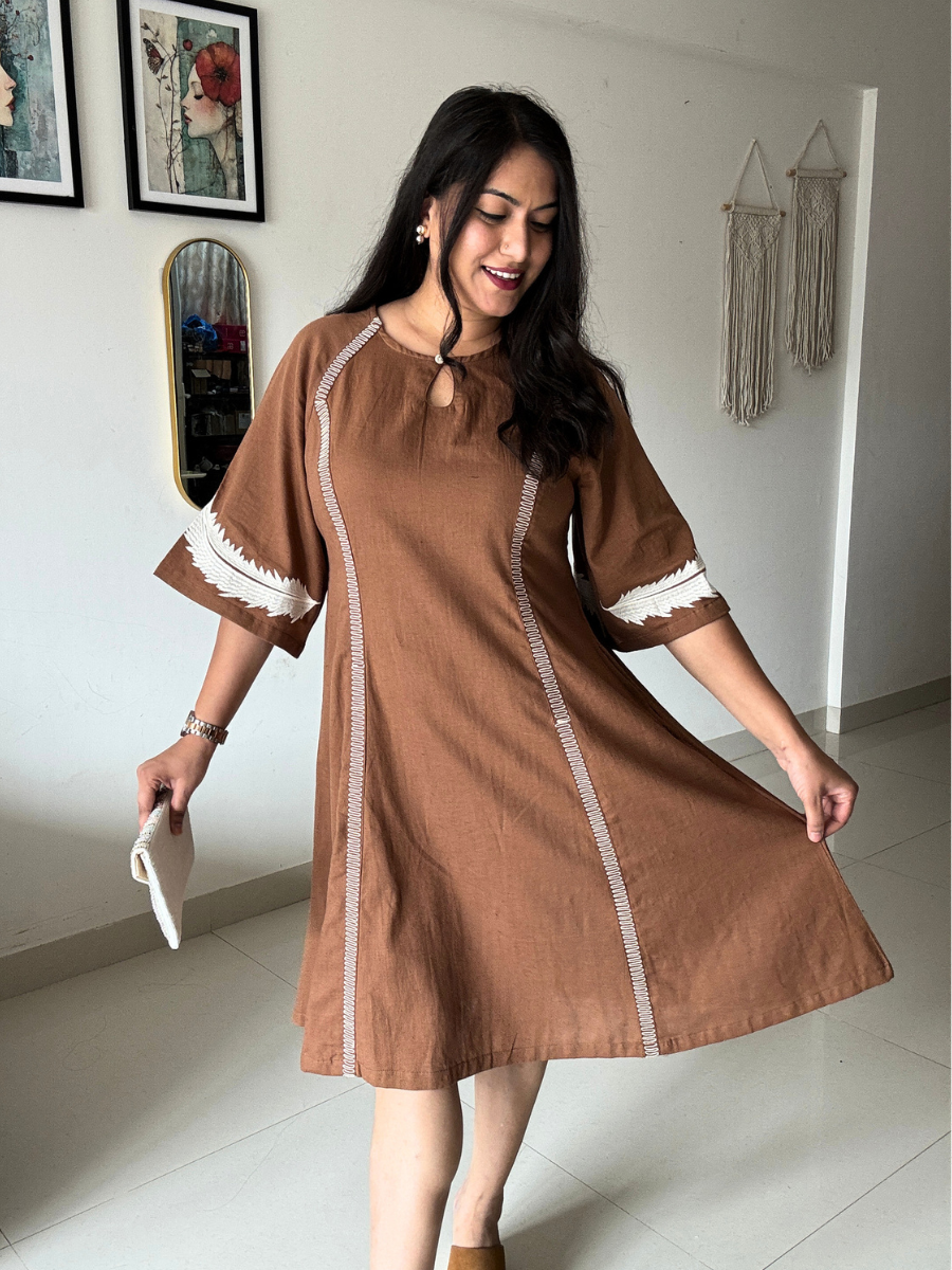 Mocha Brown Embroidered Flared Dress